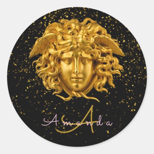 Black Gold Glitter Medusa Script Haute Couture Ronde Sticker (Voorkant)