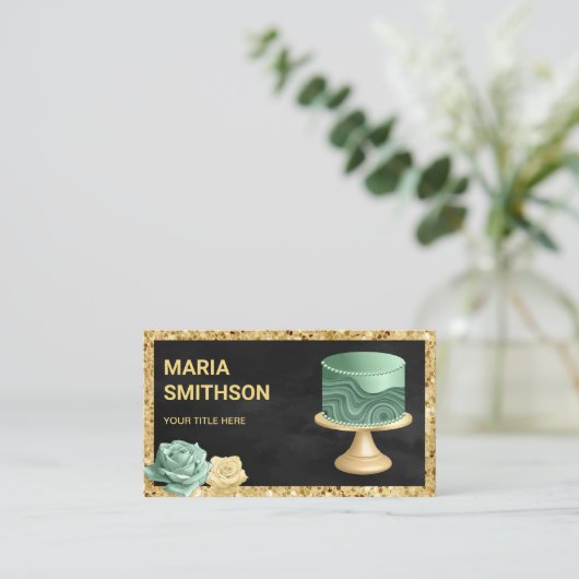 Black Gold Glitter Mint Green Marble Cake Bakkerij Visitekaartje (Staand voorkant)