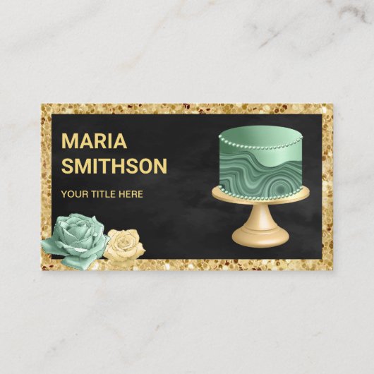Black Gold Glitter Mint Green Marble Cake Bakkerij Visitekaartje (Voorkant)