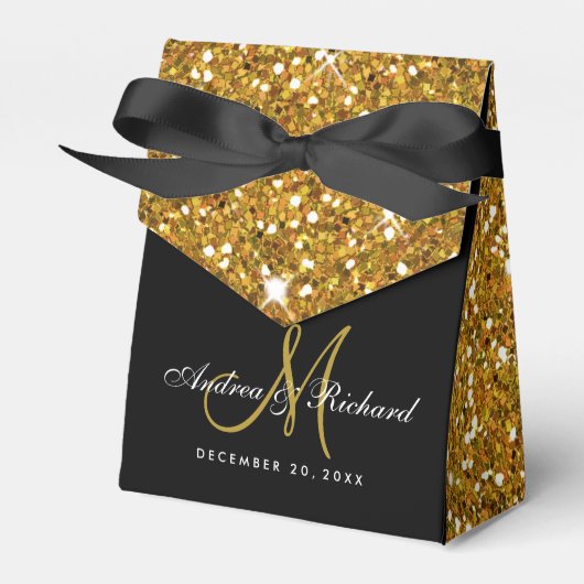 Black Gold Glitter Monogram Weddenschap Vor Box Bedankdoosjes (Voorkant Zijde)