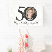 Black Gold Glitter Photo 50th Birthday Party Spandoek (Insitu)