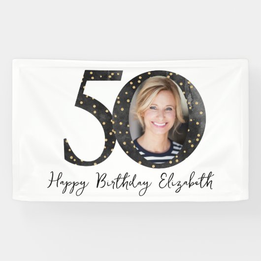 Black Gold Glitter Photo 50th Birthday Party Spandoek (Horizontaal)