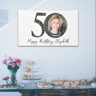 Black Gold Glitter Photo 50th Birthday Party Spandoek