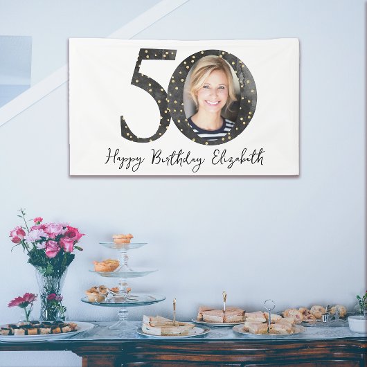 Black Gold Glitter Photo 50th Birthday Party Spandoek