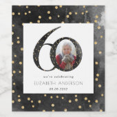 Black Gold Glitter Photo 60th Birthday Party Wijn Etiket (Enkel label)