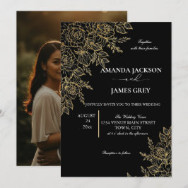 Black Gold Glitter Photo Back Glam Wedding Kaart