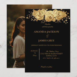 Black Gold Glitter Photo Back Glam Wedding  Kaart