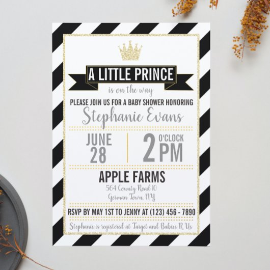 Black Gold Glitter Prince Baby shower Invite Kaart