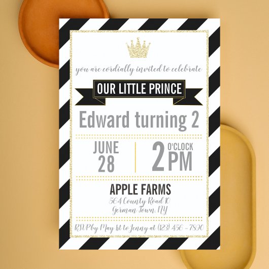 Black Gold Glitter Prince Birthday Uitnodiging