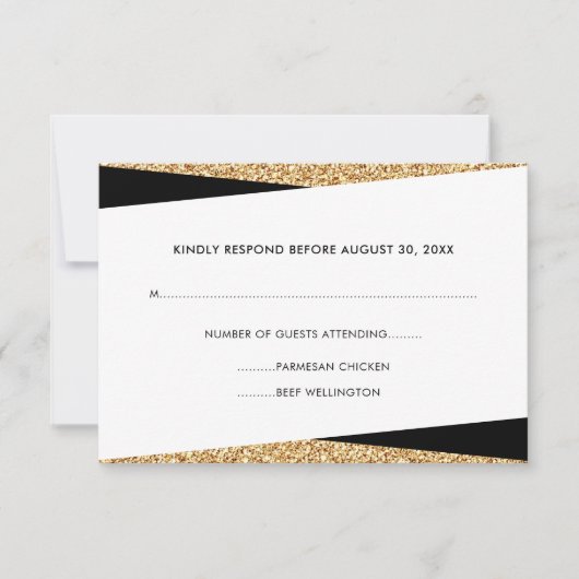 Black & Gold Glitter Professionele RSVP Kaartje (Voorkant)