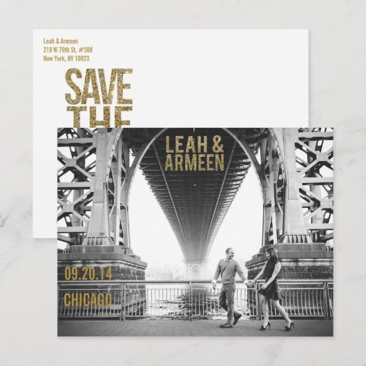 Black & Gold Glitter Save the Date Typografie Aankondigingskaart (Voorkant / Achterkant)