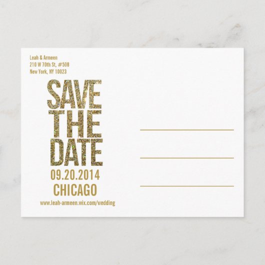 Black & Gold Glitter Save the Date Typografie Aankondigingskaart (Achterkant)