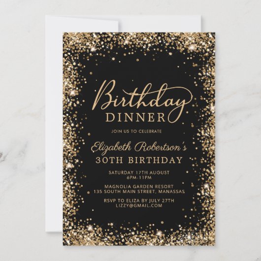 Black Gold Glitter Script 30th Birthday Dinner Kaart (Voorkant)