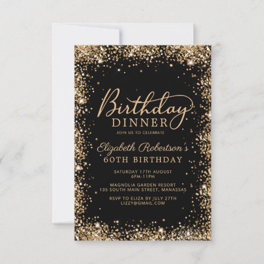 Black Gold Glitter Script 60th Birthday Dinner Kaart (Voorkant)