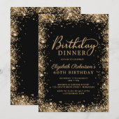Black Gold Glitter Script 60th Birthday Dinner Kaart (Voorkant / Achterkant)