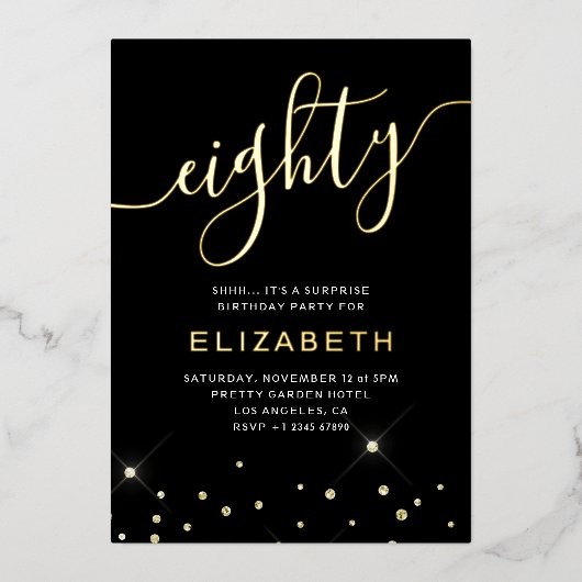 Black & Gold Glitter Script 80ste verjaardagsfeest Folie Uitnodiging (Voorkant)