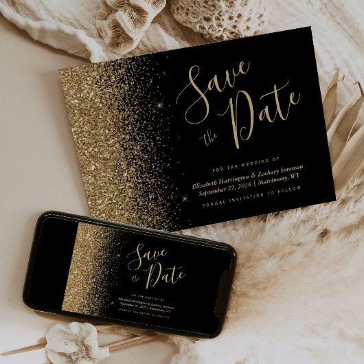 Black Gold Glitter Script De datum opslaan Kaart