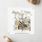 Black Gold Glitter Script Gelukkig Nieuwjaar Notitiekaartje (Voorkant / Achterkant in situ)