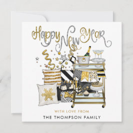 Black Gold Glitter Script Gelukkig Nieuwjaar Notitiekaartje