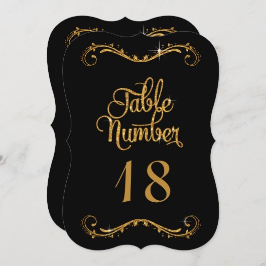 Black Gold Glitter Script Typography Table Numbers Kaart (Voorkant / Achterkant)
