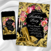Black Gold Glitter Shoes Birthday Party Invitation Kaart
