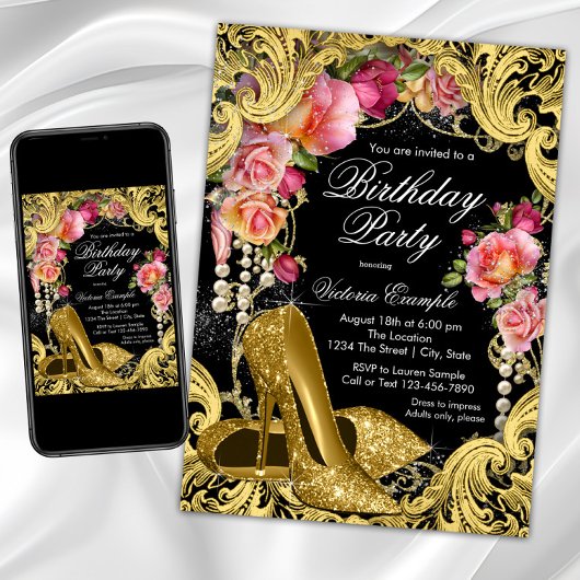 Black Gold Glitter Shoes Birthday Party Invitation Kaart