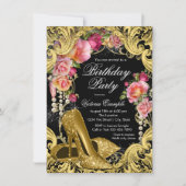 Black Gold Glitter Shoes Birthday Party Invitation Kaart (Voorkant)