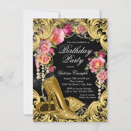 Black Gold Glitter Shoes Birthday Party Invitation Kaart (Voorkant)