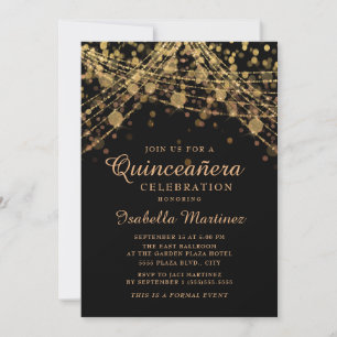 Black Gold Glitter Slingerlichten Quinceañera  Kaart