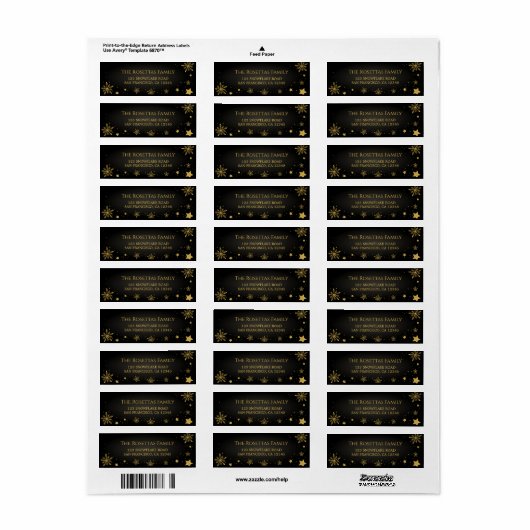 Black & Gold Glitter Snowflake Winter Holiday Etiket (Full Sheet)