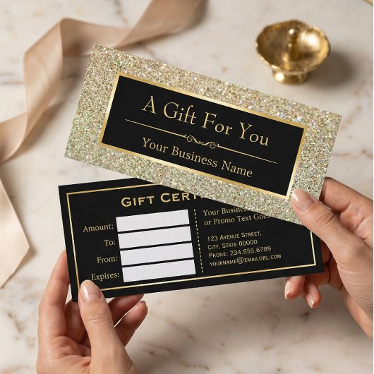 Black Gold Glitter Sparking Gift Certificate Kaart