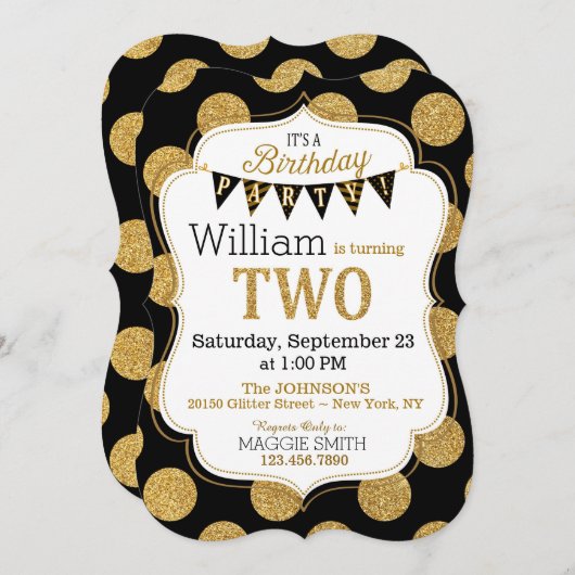 Black Gold Glitter Sparkle Second Birthday Invite Kaart (Voorkant / Achterkant)