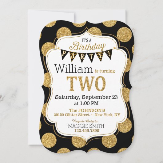 Black Gold Glitter Sparkle Second Birthday Invite Kaart (Voorkant)