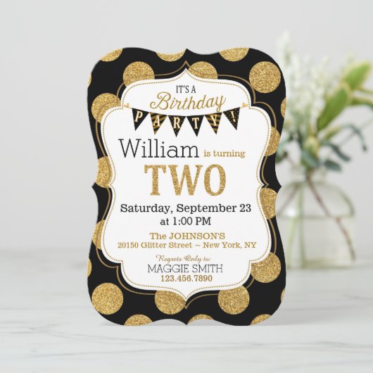 Black Gold Glitter Sparkle Second Birthday Invite Kaart (Staand voorkant)