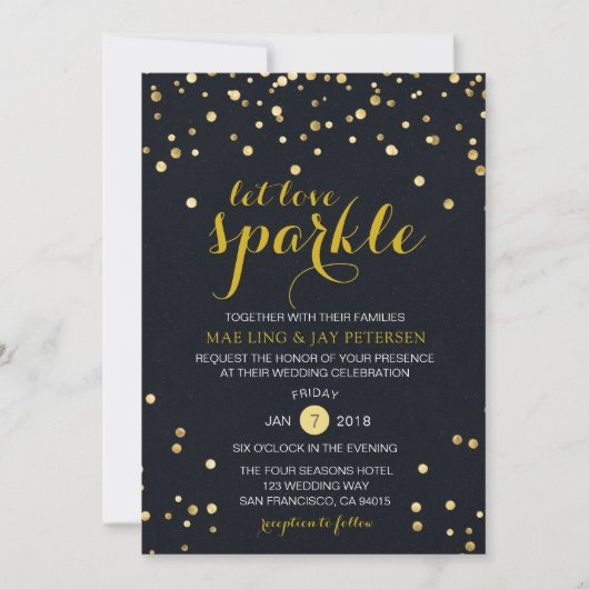 Black Gold Glitter Sparkle Wedding uitnodiging (Voorkant)