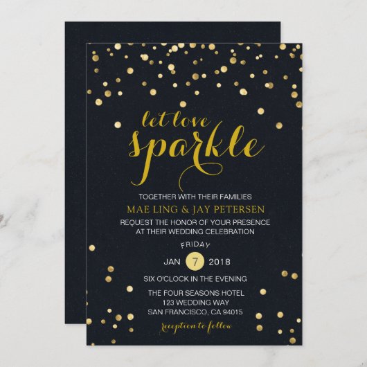 Black Gold Glitter Sparkle Wedding uitnodiging (Voorkant / Achterkant)