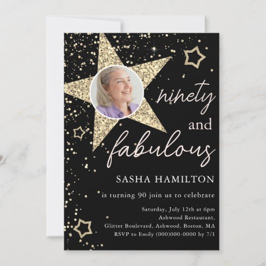 Black & Gold Glitter Star 90e verjaardag Kaart (Voorkant)