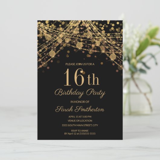 Black Gold Glitter String Lights 16th Birthday Kaart (Staand voorkant)