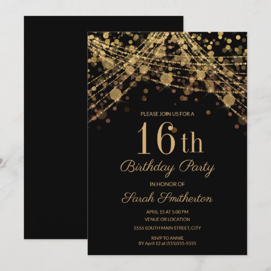 Black Gold Glitter String Lights 16th Birthday Kaart (Voorkant / Achterkant)