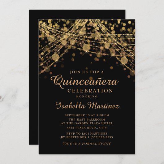 Black Gold Glitter String Lights Quinceañera Kaart (Voorkant / Achterkant)