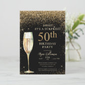 Black Gold Glitter Surprise 50th Birthday Party Kaart (Staand voorkant)