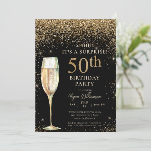 Black Gold Glitter Surprise 50th Birthday Party Kaart (Staand voorkant)