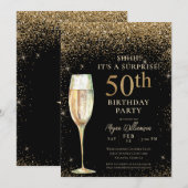 Black Gold Glitter Surprise 50th Birthday Party Kaart (Voorkant / Achterkant)