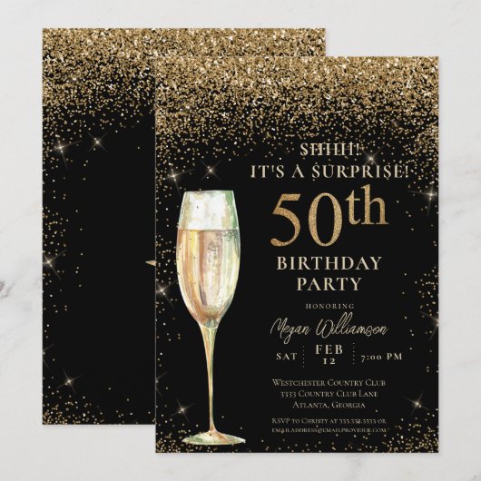 Black Gold Glitter Surprise 50th Birthday Party Kaart (Voorkant / Achterkant)