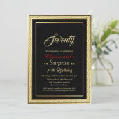 Black Gold Glitter Surprise 70th Birthday Party Kaart (Staand voorkant)