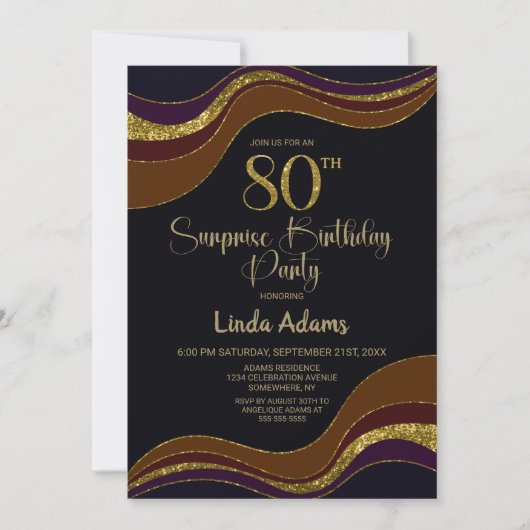 Black Gold Glitter Surprise 80th Birthday Party Kaart (Voorkant)