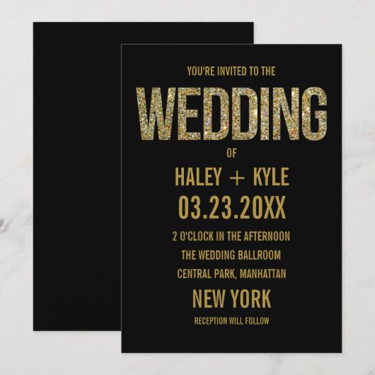 Black & Gold Glitter Typografie Huwelijksuitnodigi Kaart (Voorkant / Achterkant)