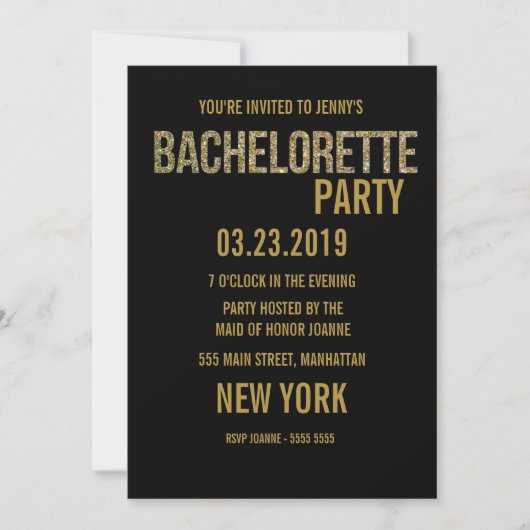 Black Gold Glitter Typography Bachelorette Invite Kaart (Voorkant)