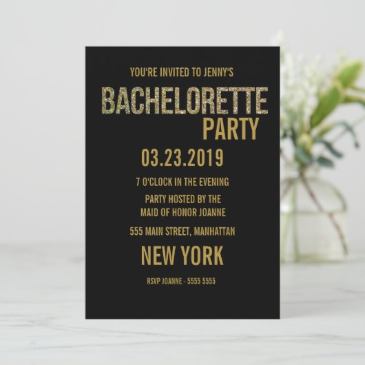 Black Gold Glitter Typography Bachelorette Invite Kaart (Staand voorkant)
