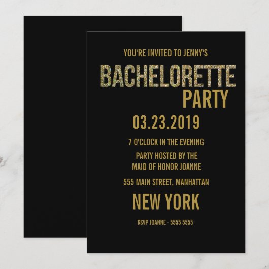 Black Gold Glitter Typography Bachelorette Invite Kaart (Voorkant / Achterkant)